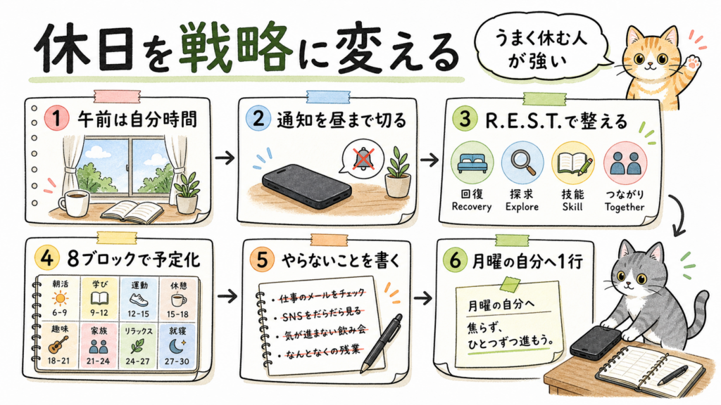 休日を戦略に変える方法として、午前の自分時間、通知オフ、R.E.S.T.、8ブロック予定、やらないことリストを猫のイラスト付きで整理した図解