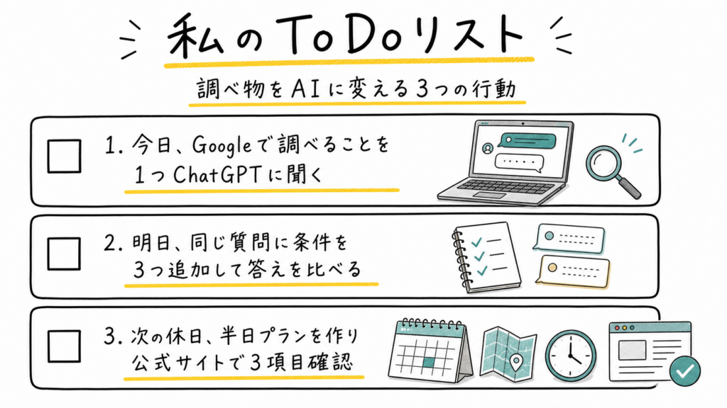 ChatGPTで調べる、条件を3つ追加する、公式サイトで確認する3つの行動をまとめたToDoリスト