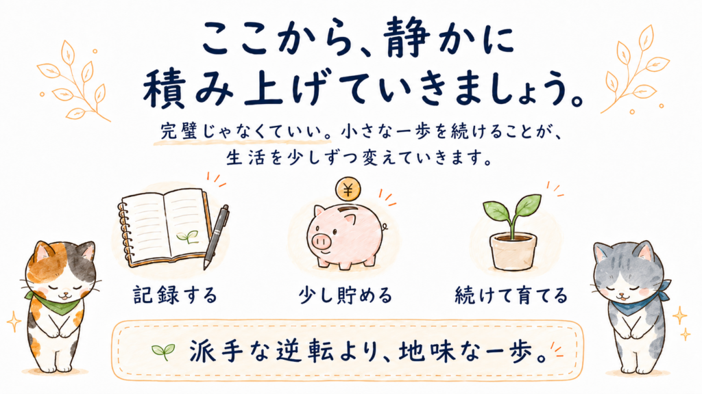 小さな一歩を積み重ねる大切さを、記録・貯金・成長のイラストとお辞儀する2匹の猫で表したブログ締め画像