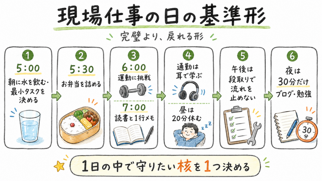 朝5時の水分補給から夜の30分学習まで、現場仕事の日の平日ルーティンを時系列で整理した図解