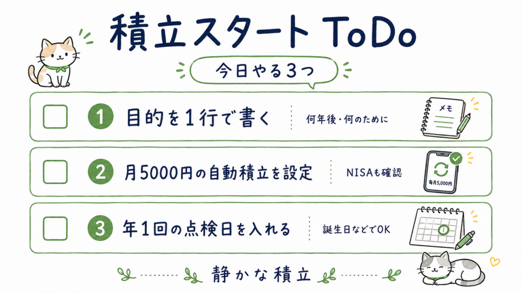 積立スタートToDoとして、目的を1行で書く、月5000円の自動積立を設定する、年1回の点検日を入れるという3つの行動を猫のイラスト付きで示したチェックリスト