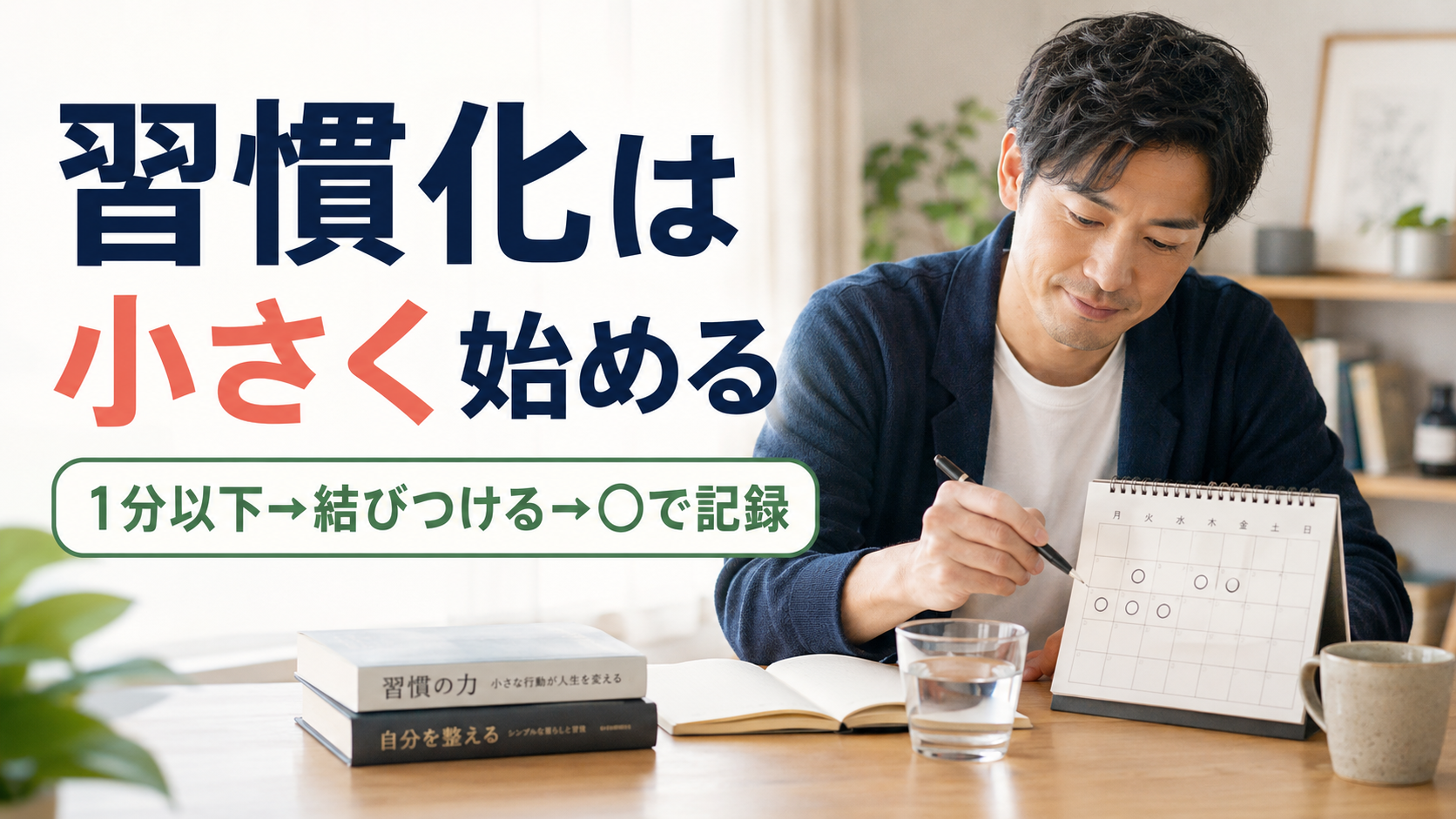 習慣化を始めるためにカレンダーへ記録をつける30代会社員のイメージ