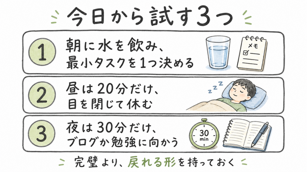 現場仕事の日でも生活を整えるために、朝の水分補給、昼の休息、夜の30分学習を促す3つのタスク