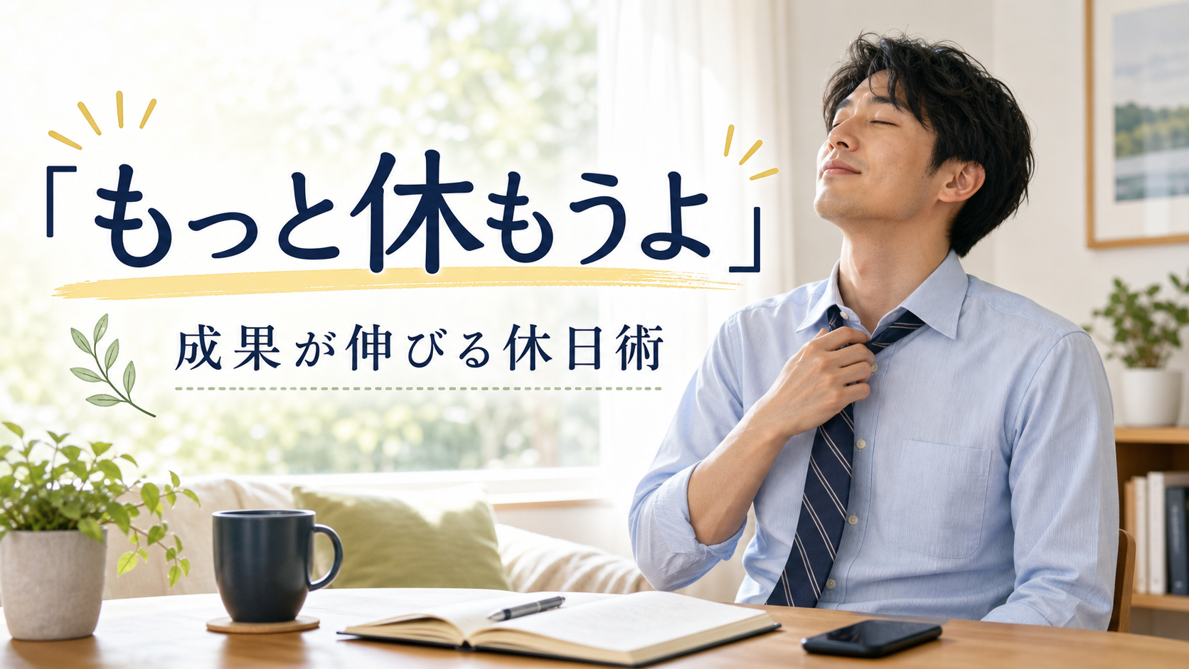 もっと休もうよという言葉と、ネクタイをゆるめて休む男性を描いた休日術の記事サムネイル
