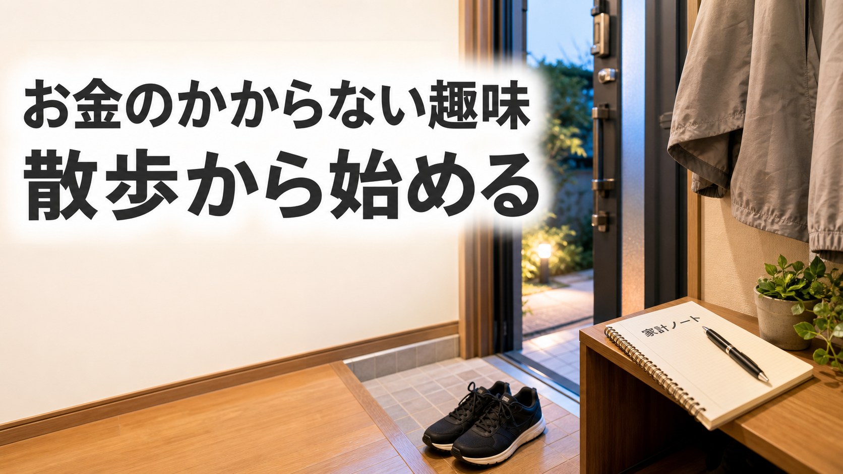 夕食後の散歩を始めるための靴と家計ノートのイメージ