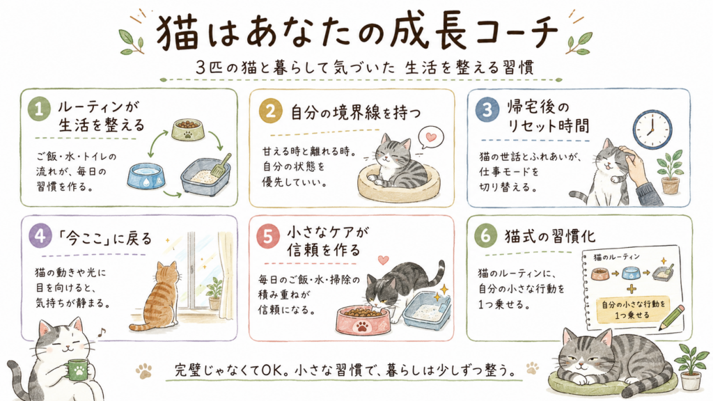 猫から学ぶルーティン・境界線・リセット・観察力・小さなケアの図解