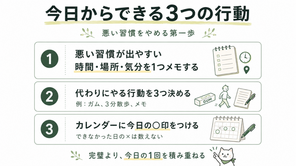 悪い習慣をやめるために、時間・場所・気分のメモ、代替行動、カレンダーの○印記録を3つの行動として整理した図解画像