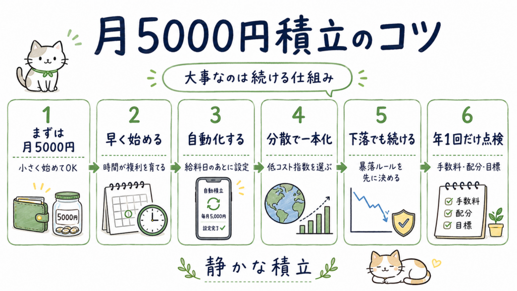 月5000円積立のコツとして、少額で始める、早く始める、自動化する、分散する、下落時も続ける、年1回だけ点検する流れを猫のイラスト付きでまとめた図解