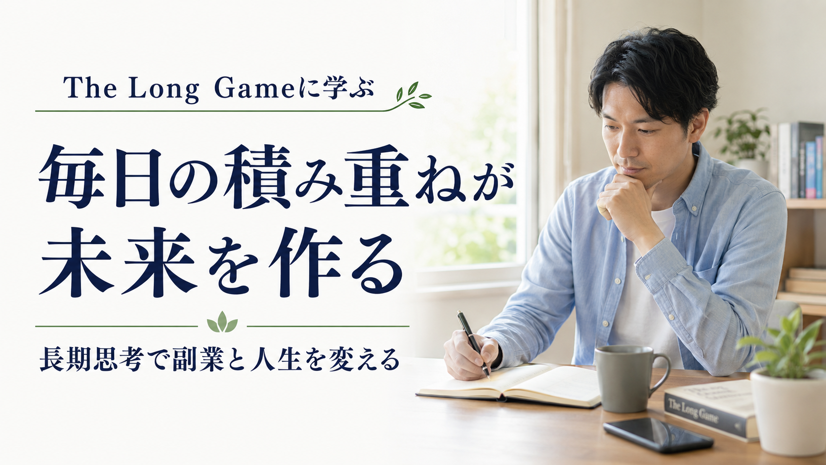 ノートに書きながら考える男性と、「毎日の積み重ねが未来を作る」「長期思考で副業と人生を変える」という文字を入れた記事サムネイル