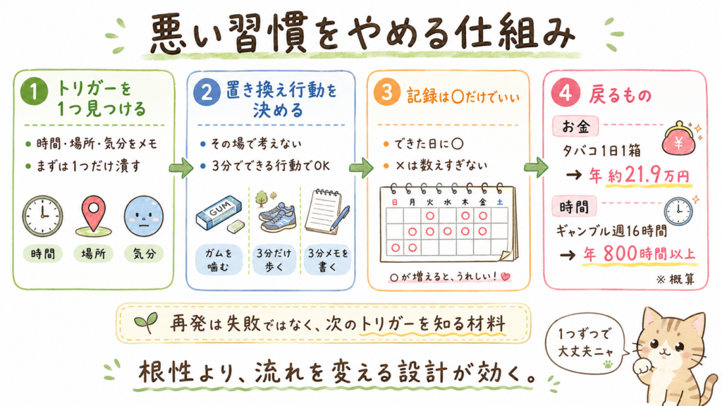 悪い習慣をやめる仕組みとして、トリガーの把握、置き換え行動、○だけの記録、お金と時間の回復をまとめた図解画像