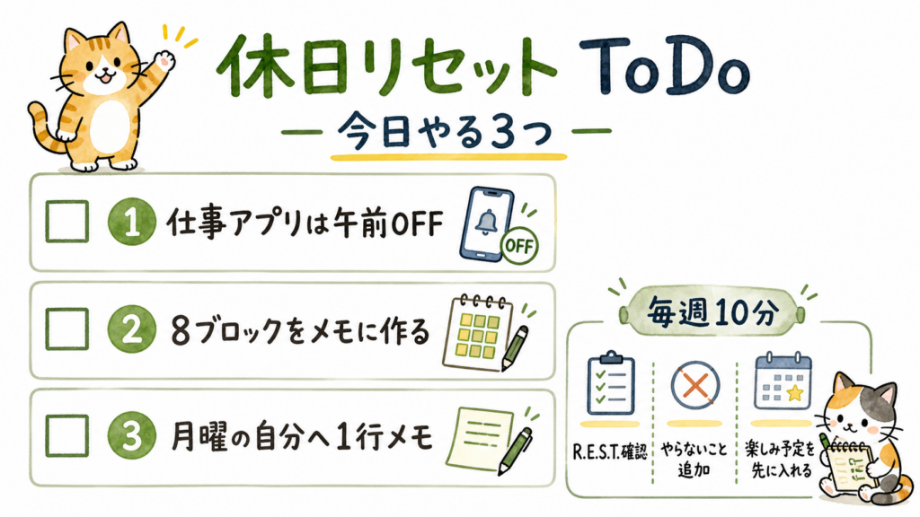 休日リセットToDoとして、仕事アプリを午前オフ、8ブロックをメモ、月曜の自分へ1行メモを書く3つの行動を猫のイラスト付きで示したチェックリスト