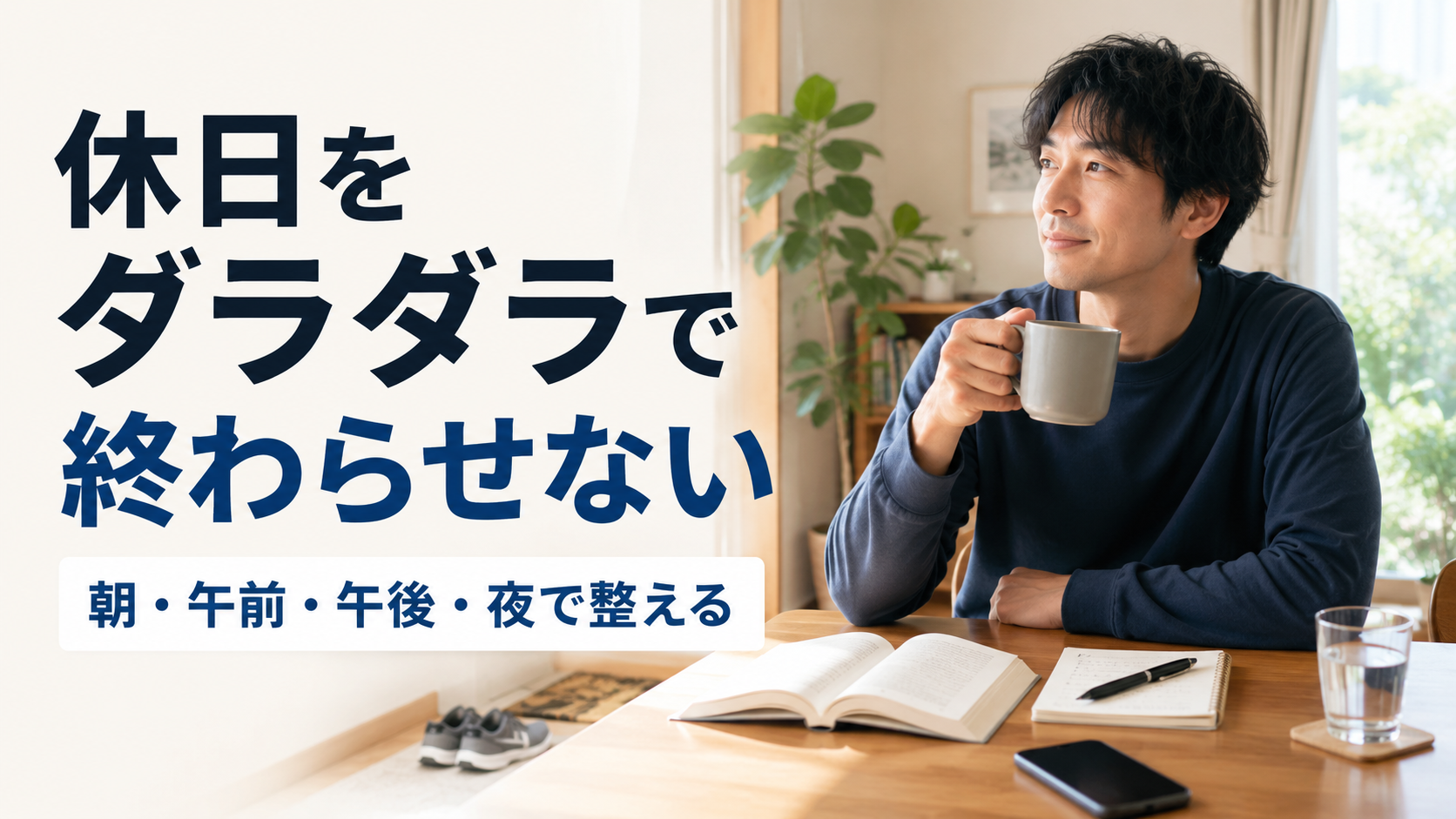 休日の朝にスマホから離れて読書と散歩を始める社会人のイメージ