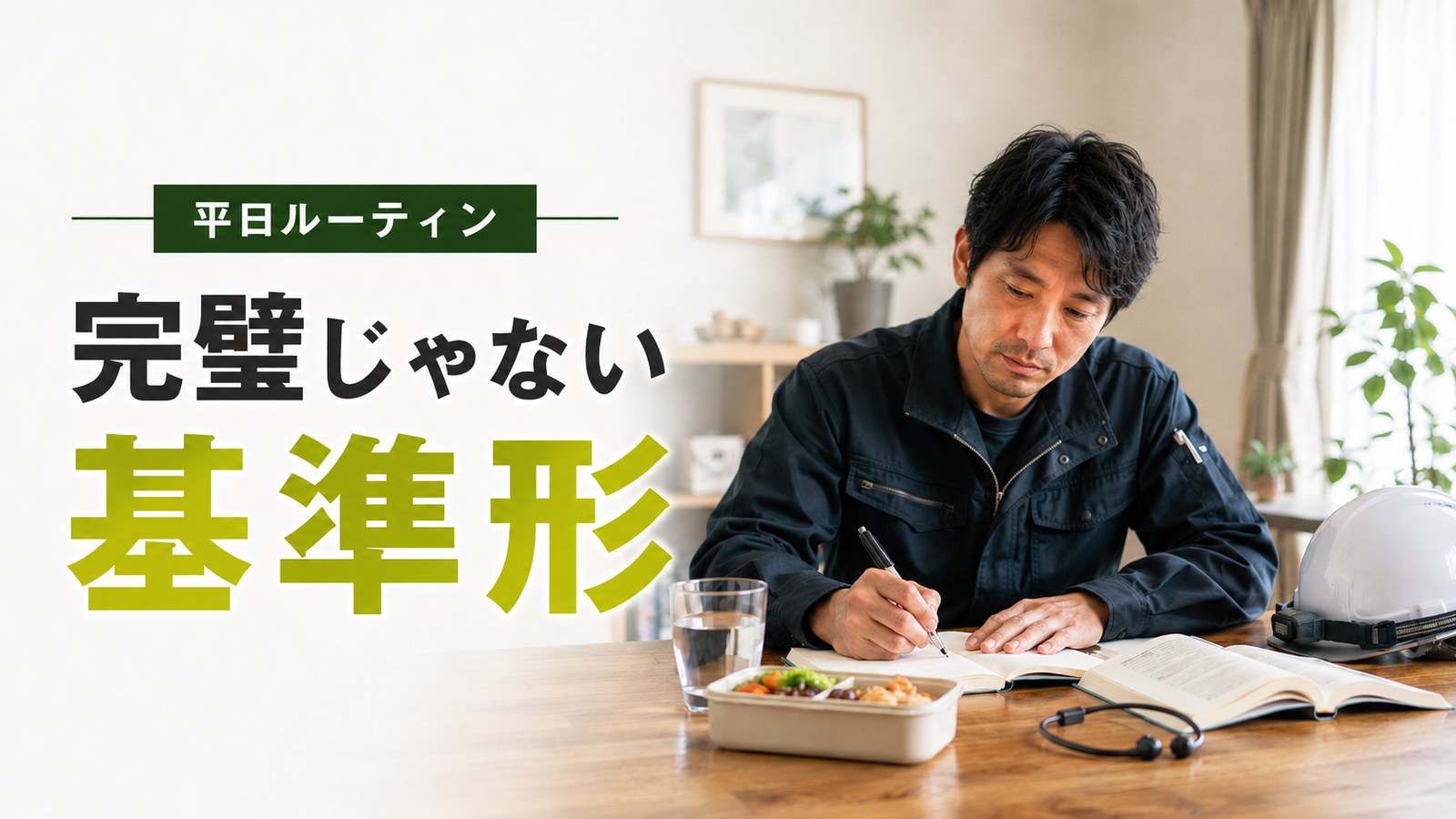 現場仕事の平日ルーティンを整えるため、作業着の男性が弁当やノートを前に一日の基準形を書き出している様子