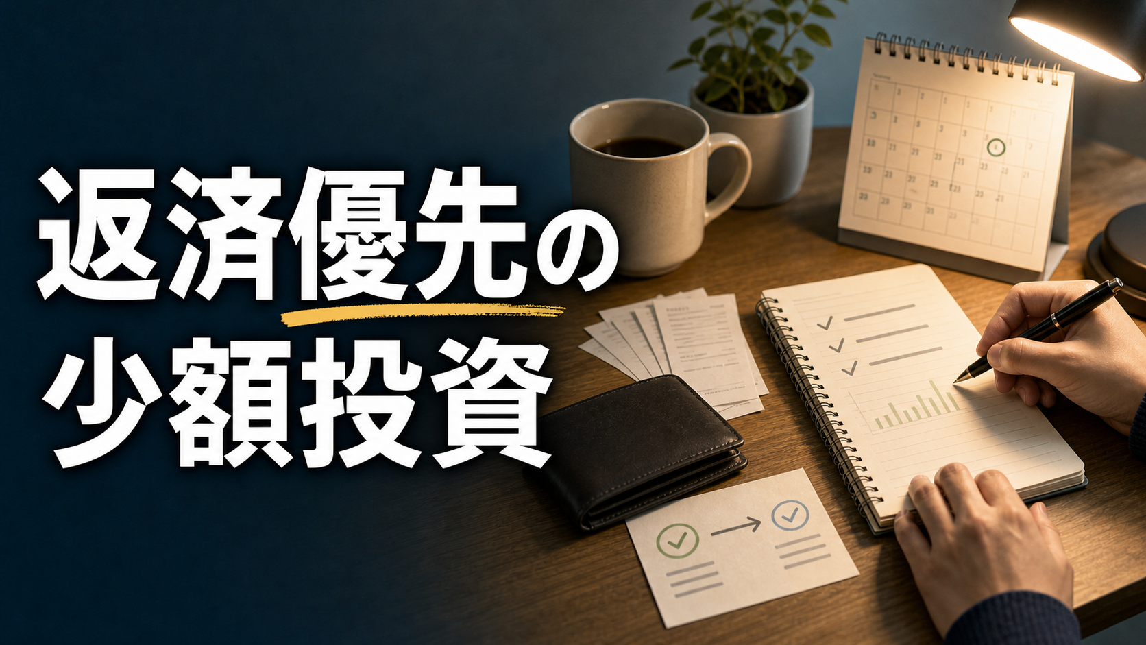 机の上で借入メモと積立メモを確認し、返済と少額投資のバランスを整えている様子