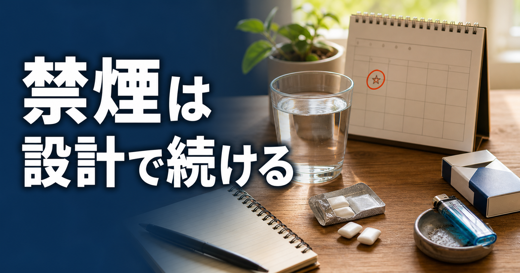 禁煙を設計で続けるための水やガムとカレンダーのイメージ