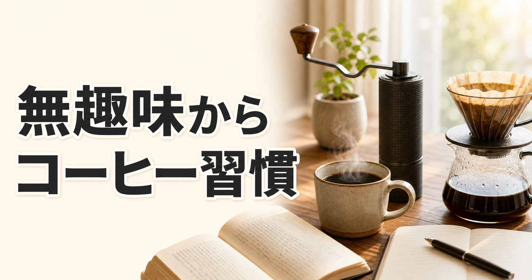 手挽きミルと本を置いた朝の机でコーヒー習慣を始めるイメージ