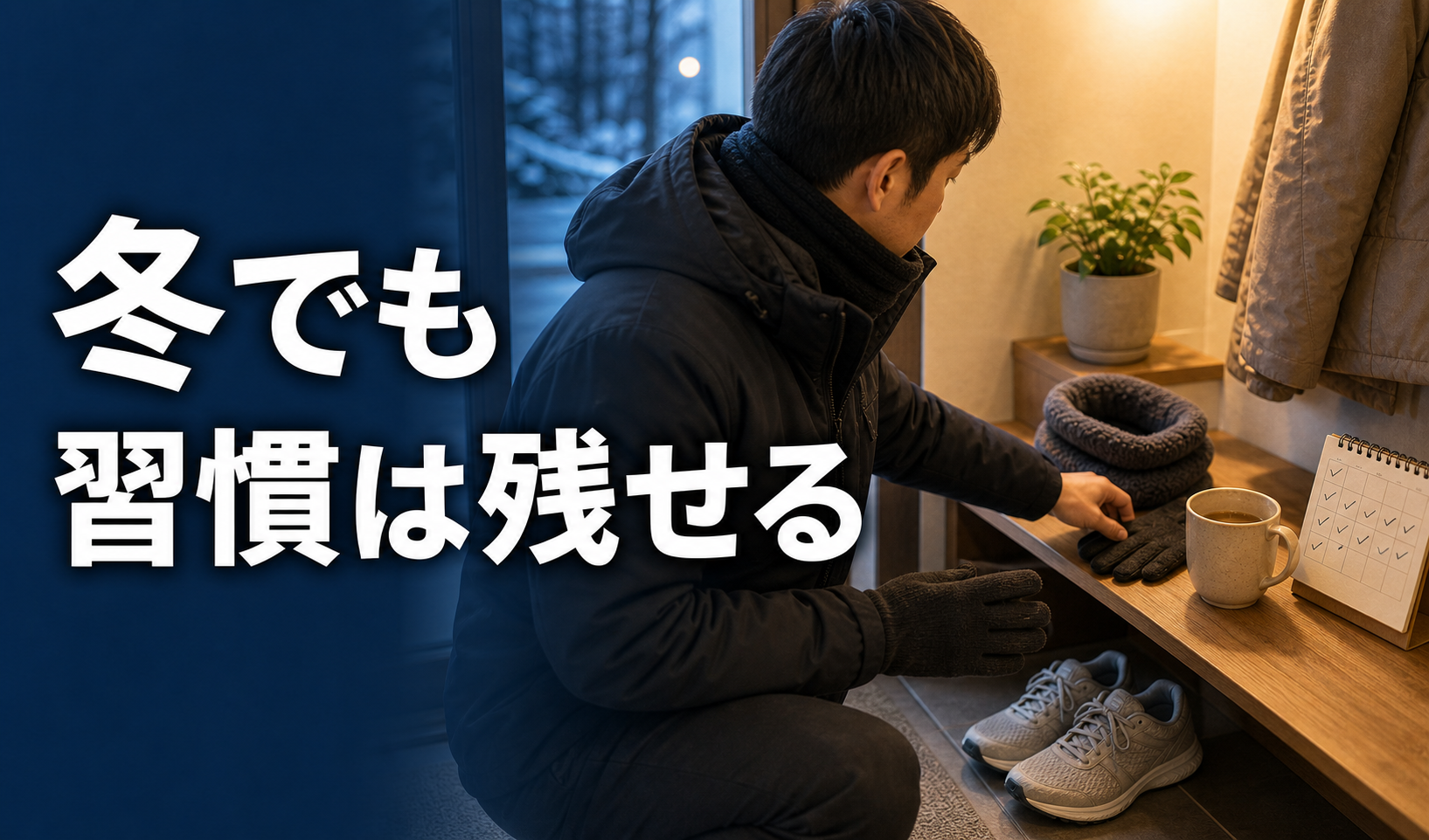 冬の朝に防寒具と散歩靴を準備して習慣を続けるイメージ
