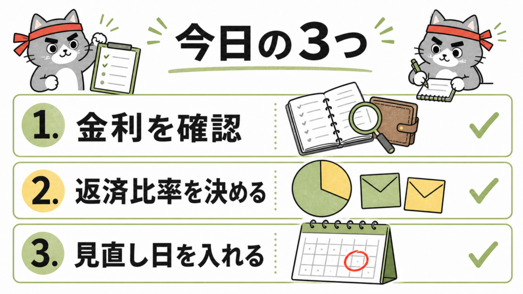 借入金利、返済と投資の比率、3か月後の見直し日を確認するToDoリスト