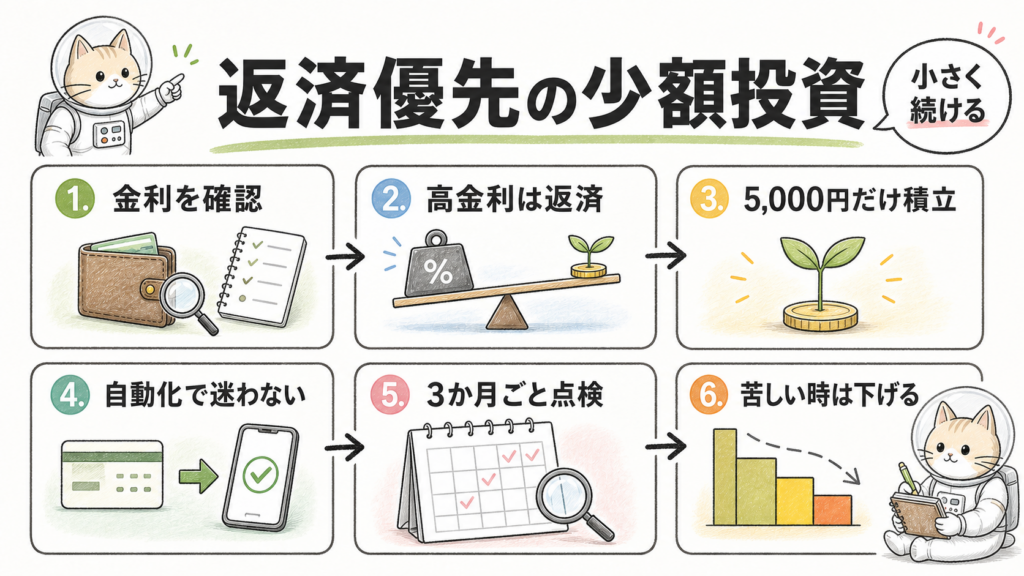 借金返済を優先しながら少額投資の習慣を続ける考え方を整理した図解
