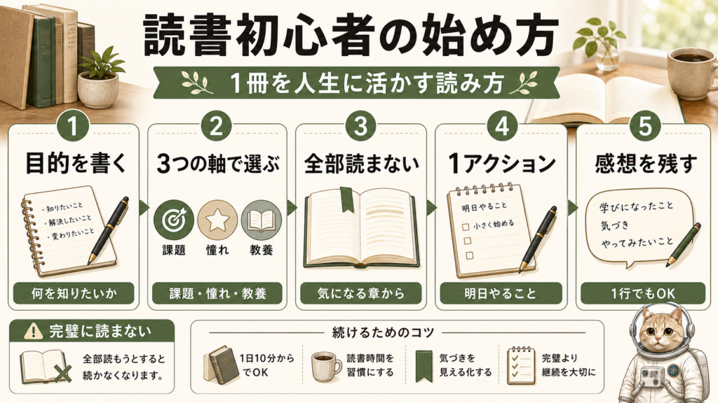 読書初心者が本を人生に活かす手順を整理した図解