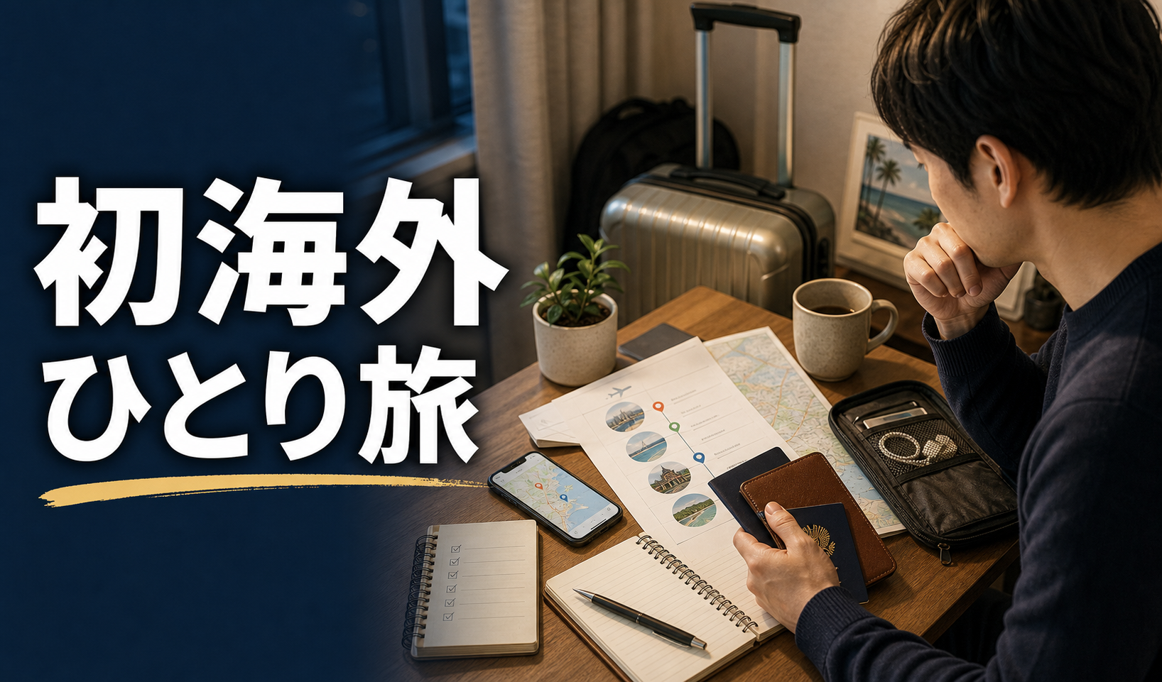 人生初の海外ひとり旅に向けて、パスポートや地図を見ながら旅行計画を立てる様子