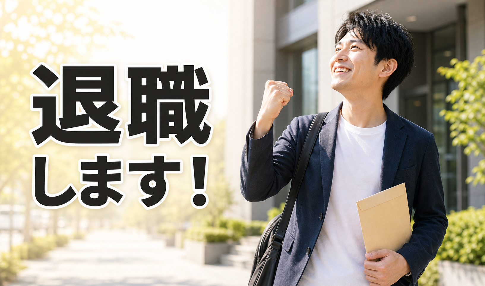 退職しますという文字と、封筒を持って会社の外で前向きな表情をする男性