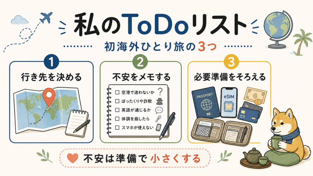 初海外ひとり旅で行き先決め、不安のメモ、必要準備を整理するToDoリスト