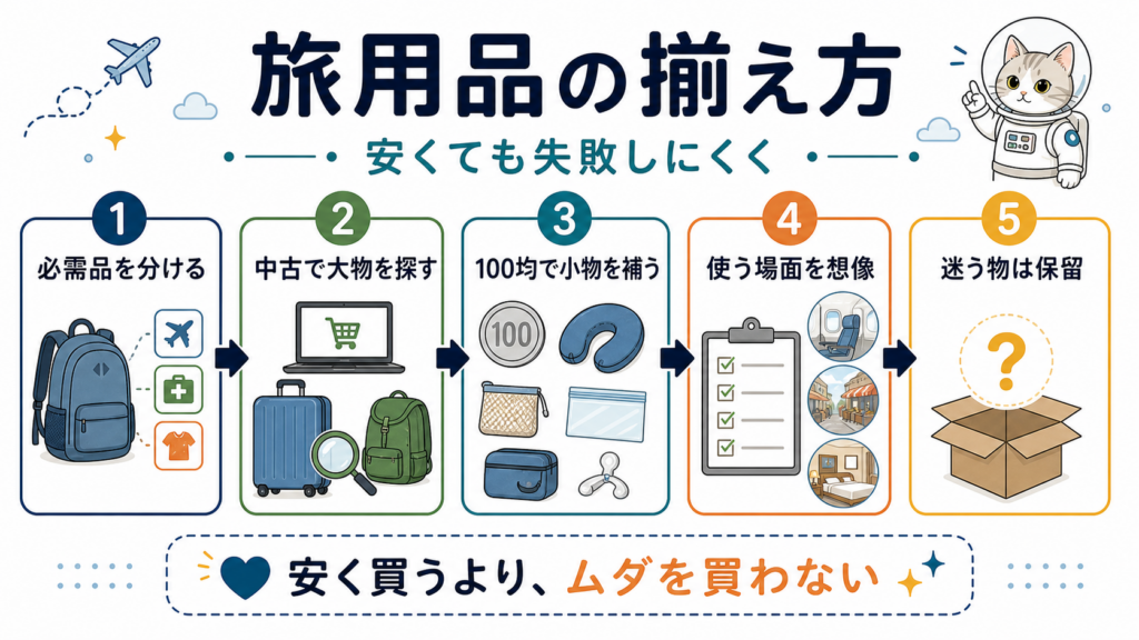 旅用品を必需品、中古、100均、使う場面に分けて無駄なく揃える5ステップ