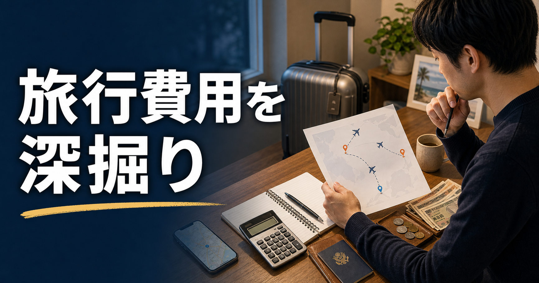 旅行ルートや航空券費用を確認しながら旅行費用を深掘りする男性