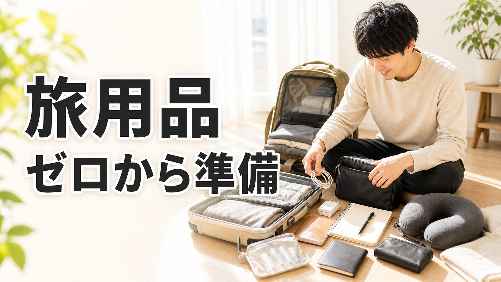 初めてのひとり旅に向けてスーツケースに旅用品を準備する男性