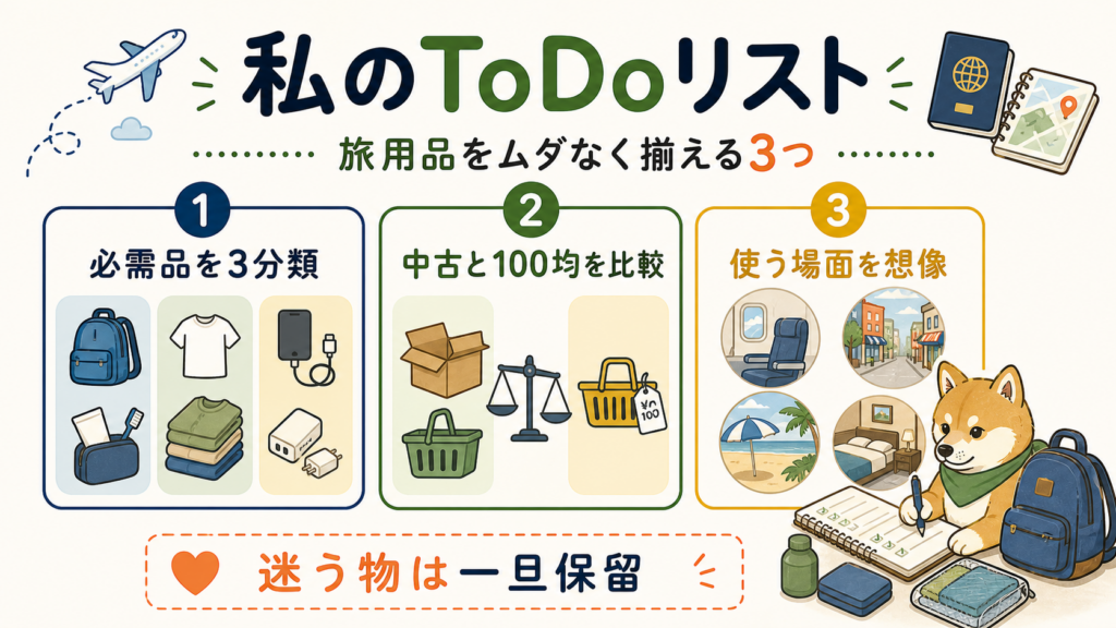 旅用品を3分類し、中古と100均を比較して使う場面を想像するToDoリスト