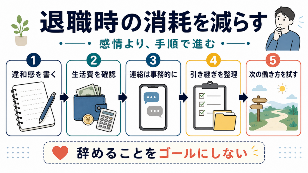 退職時の消耗を減らすために違和感、生活費、連絡、引き継ぎ、次の働き方を整理する5ステップ