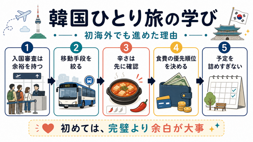 初めての韓国ひとり旅で入国審査、移動手段、辛さ、食費、予定の余白を学んだ5つのポイント