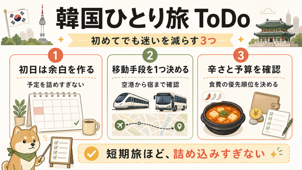 韓国ひとり旅で初日の余白、移動手段、辛さと予算を確認するToDoリスト