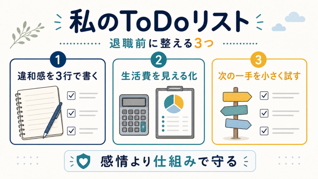 退職前に違和感を3行で書き、生活費を見える化し、次の一手を小さく試すToDoリスト