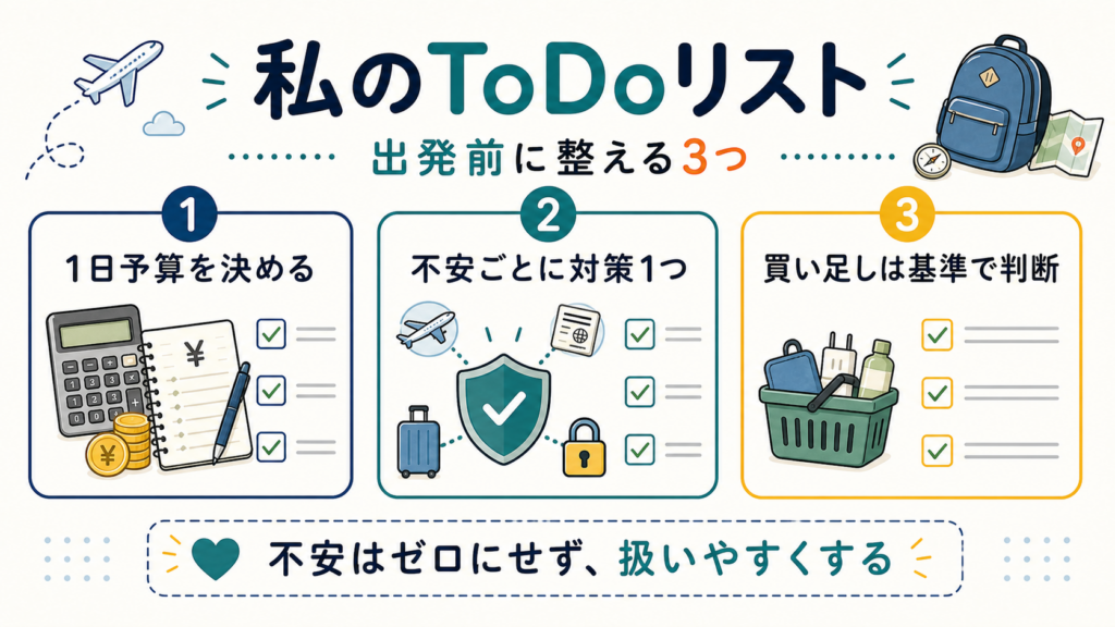 出発前に1日予算を決め、不安ごとの対策と買い足し基準を整理するToDoリスト