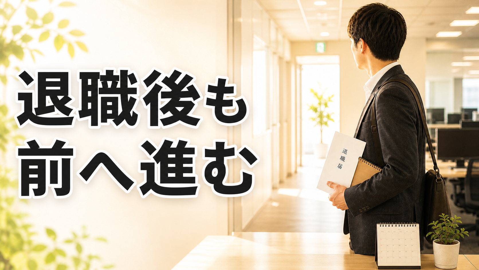 退職届を持って会社の廊下で前へ進もうとする男性と退職後も前へ進むという文字