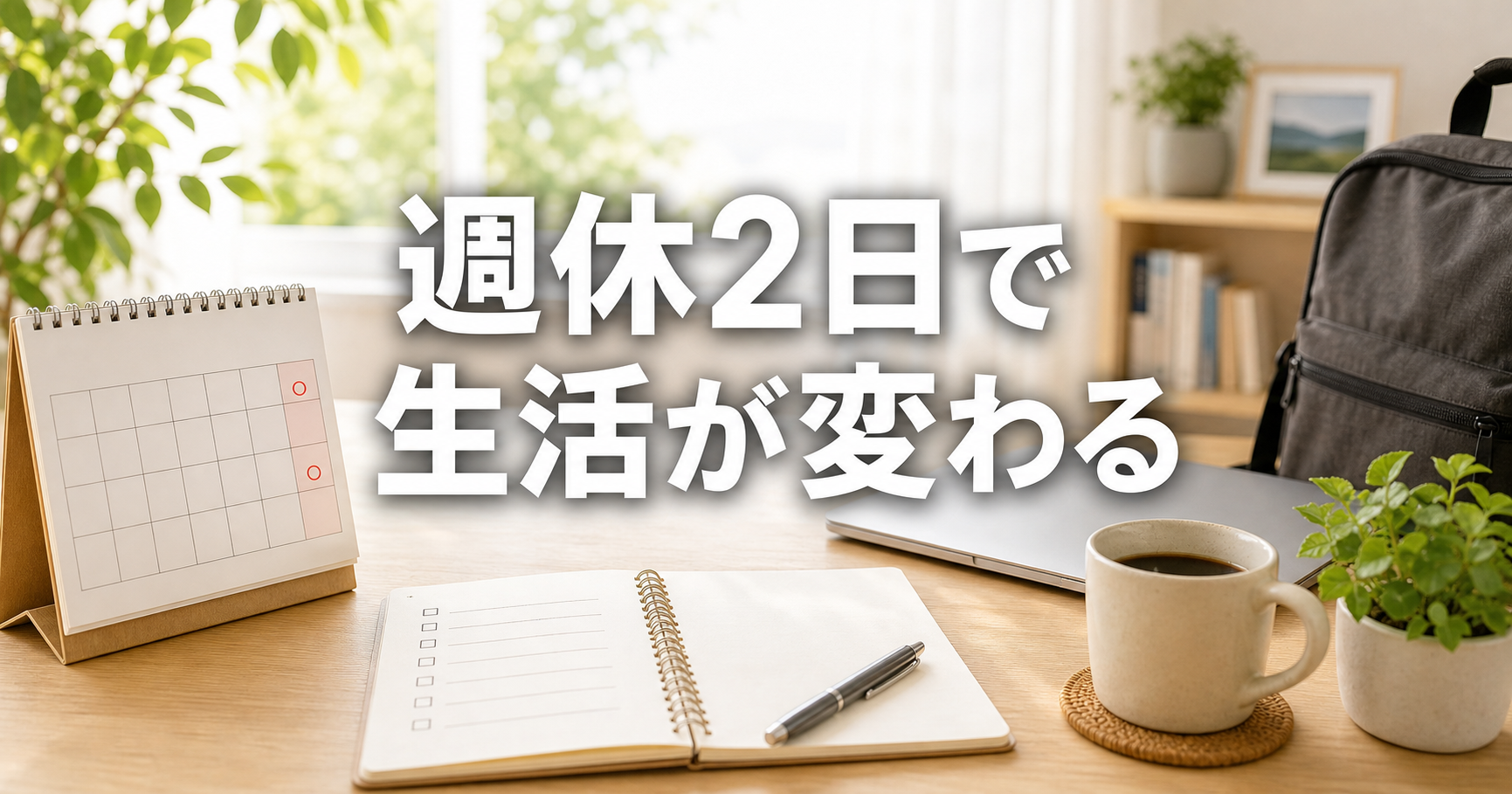 週休2日で生活が変わることを表す、カレンダーとノートとコーヒーのあるデスク