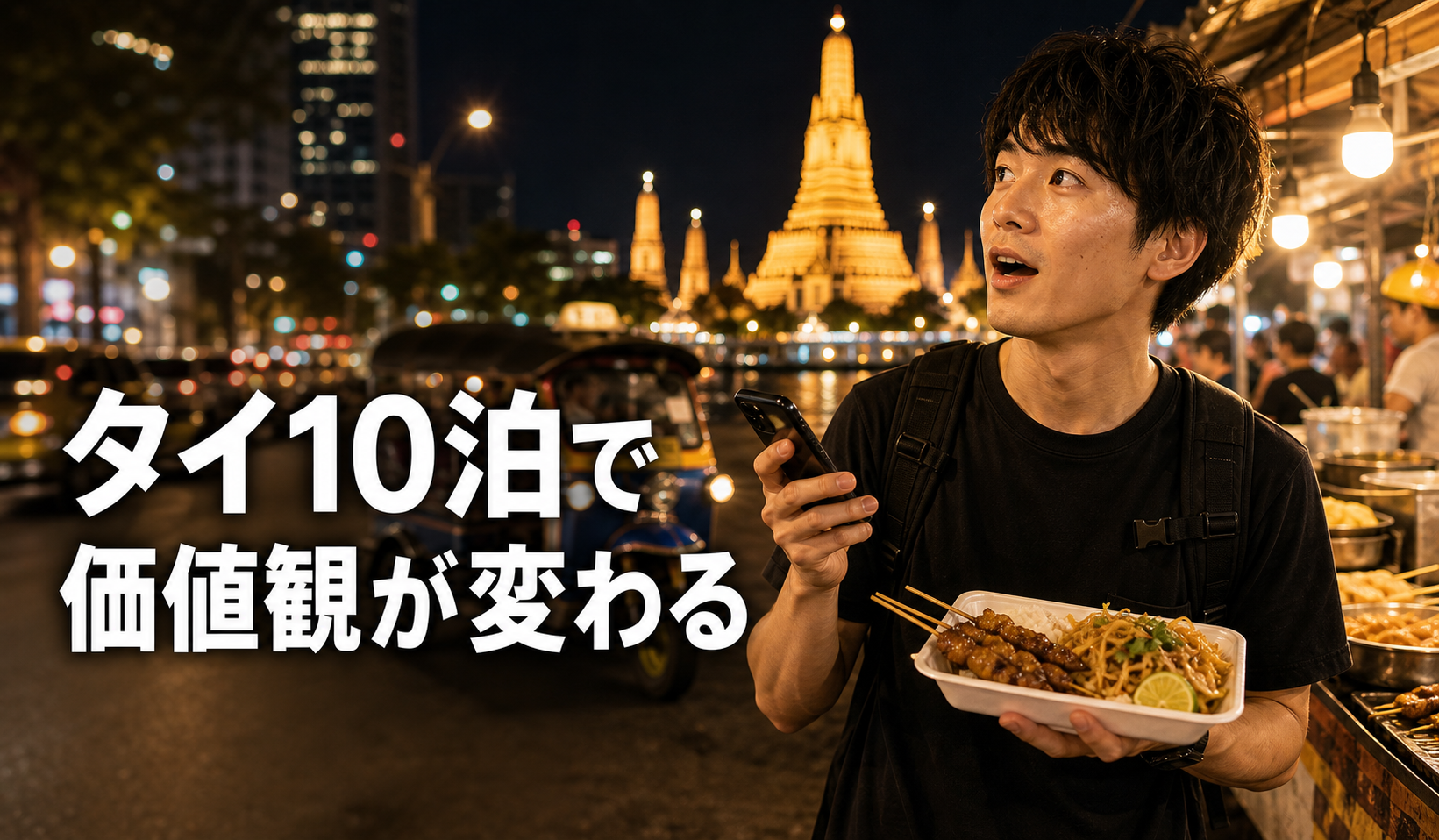 タイ10泊の旅で夜のバンコクを歩きながら屋台料理を持ち、価値観が変わる体験をする男性