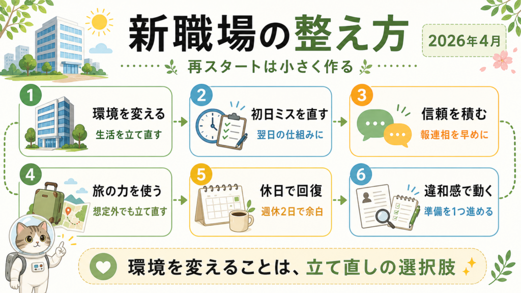 2026年4月の新職場で環境変更、初日ミス、信頼、休日、違和感への行動を整える6つのポイント