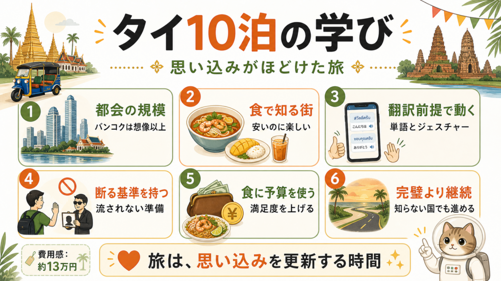 タイ10泊で都会の規模、食、翻訳アプリ、断る基準、食予算、旅の継続を学んだ6つのポイント