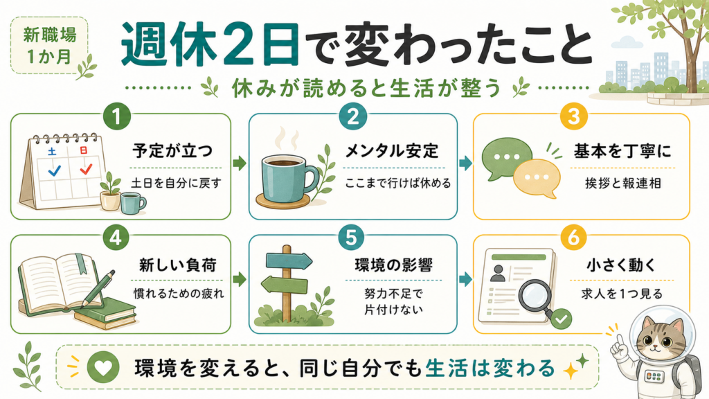 新職場1か月で週休2日により予定、メンタル、基本行動、新しい負荷、環境の影響、小さな行動が変わった6つのポイント

