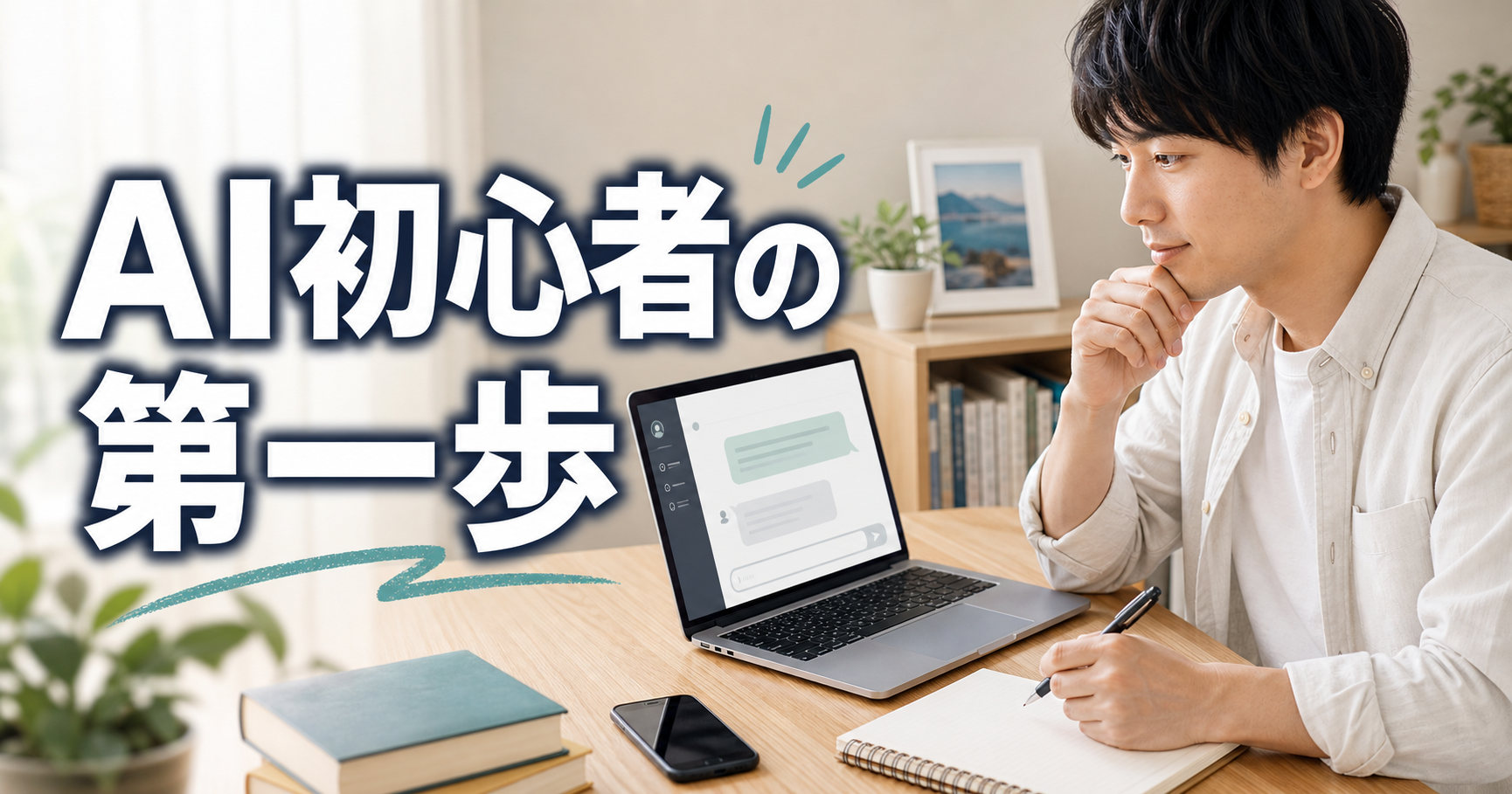 AI初心者がパソコンでChatGPTを使いながらノートに学びを整理する様子