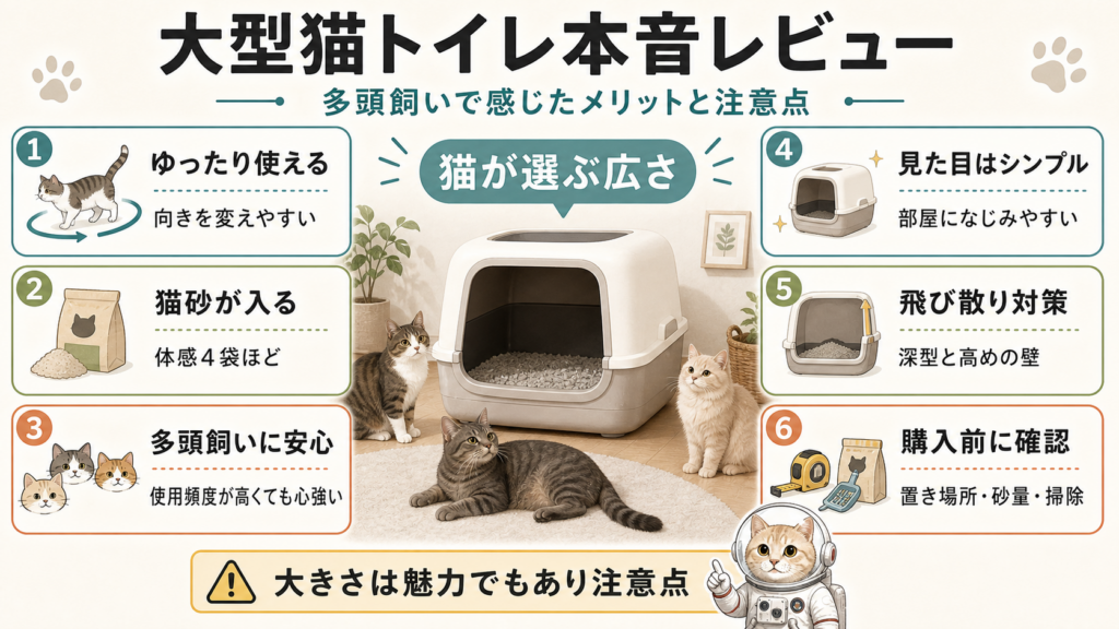 ONEKOSAMA大型猫トイレの広さ、猫砂の量、多頭飼いの安心感、シンプルな見た目、飛び散り対策、購入前の注意点をまとめた図解