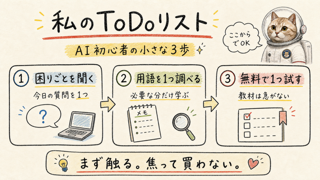 AI初心者が困りごとを聞き、用語を1つ調べ、無料でAI活用を試すToDoリスト