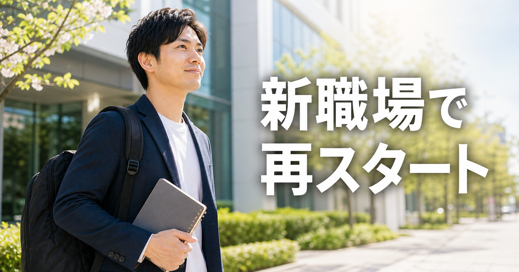 新しい職場の前でノートを持ち、再スタートに向けて歩き出す男性
