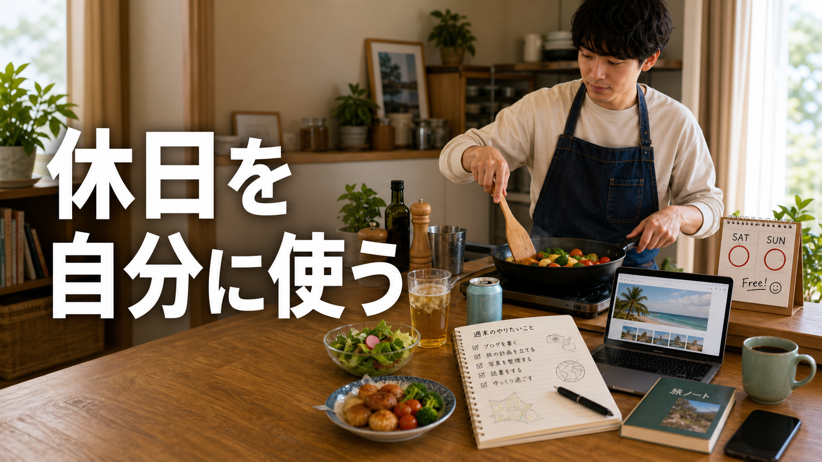 週休2日の休日に料理をしながら、ブログや旅行計画など自分の時間を過ごす男性