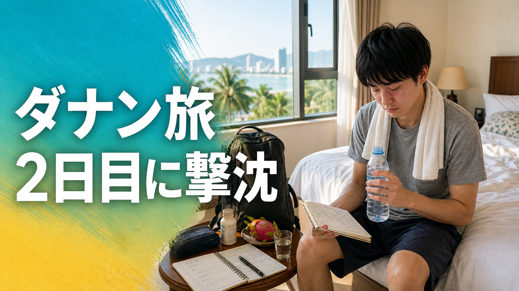 ダナン旅2日目に体調不良でホテルのベッドに座り、水を飲みながら予定を見直す男性
