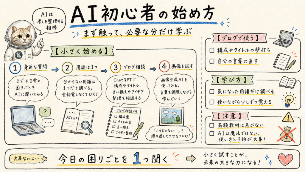 AI初心者が身近な質問、用語確認、ブログ相談、画像生成を小さく試して学ぶ始め方の図解