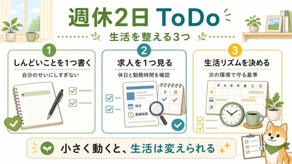 週休2日で生活を整えるために、しんどいこと、求人確認、生活リズムを整理するToDoリスト